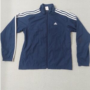 Adidas Windbreaker Jacket Womens Medium Navy Blue 3-Stripe Full Zip Lightweight